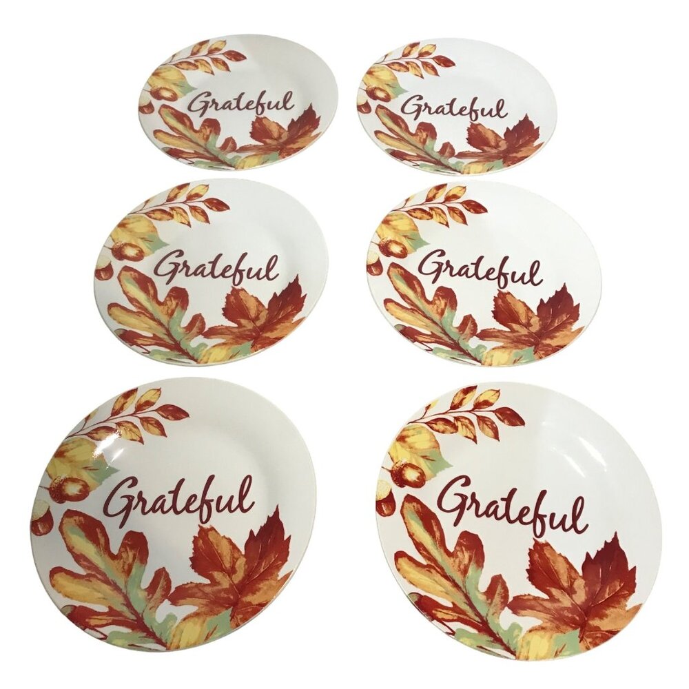 Set Of 6 Fall-Themed Grateful" Dinner Plates With Leaf Design 10.5 Inches Diamet